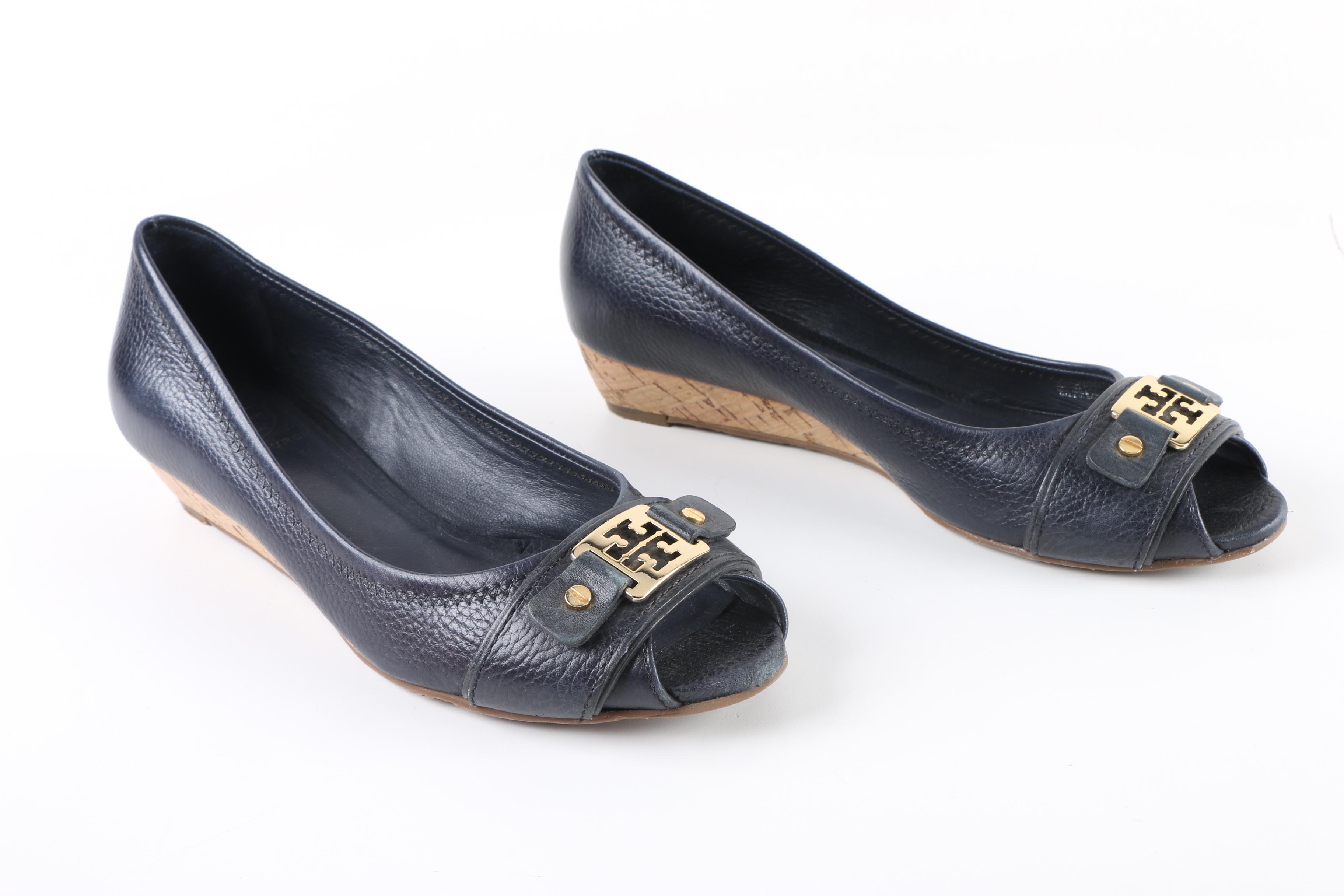 Tory Burch Emma Navy Leather Peep-Toe Wedges