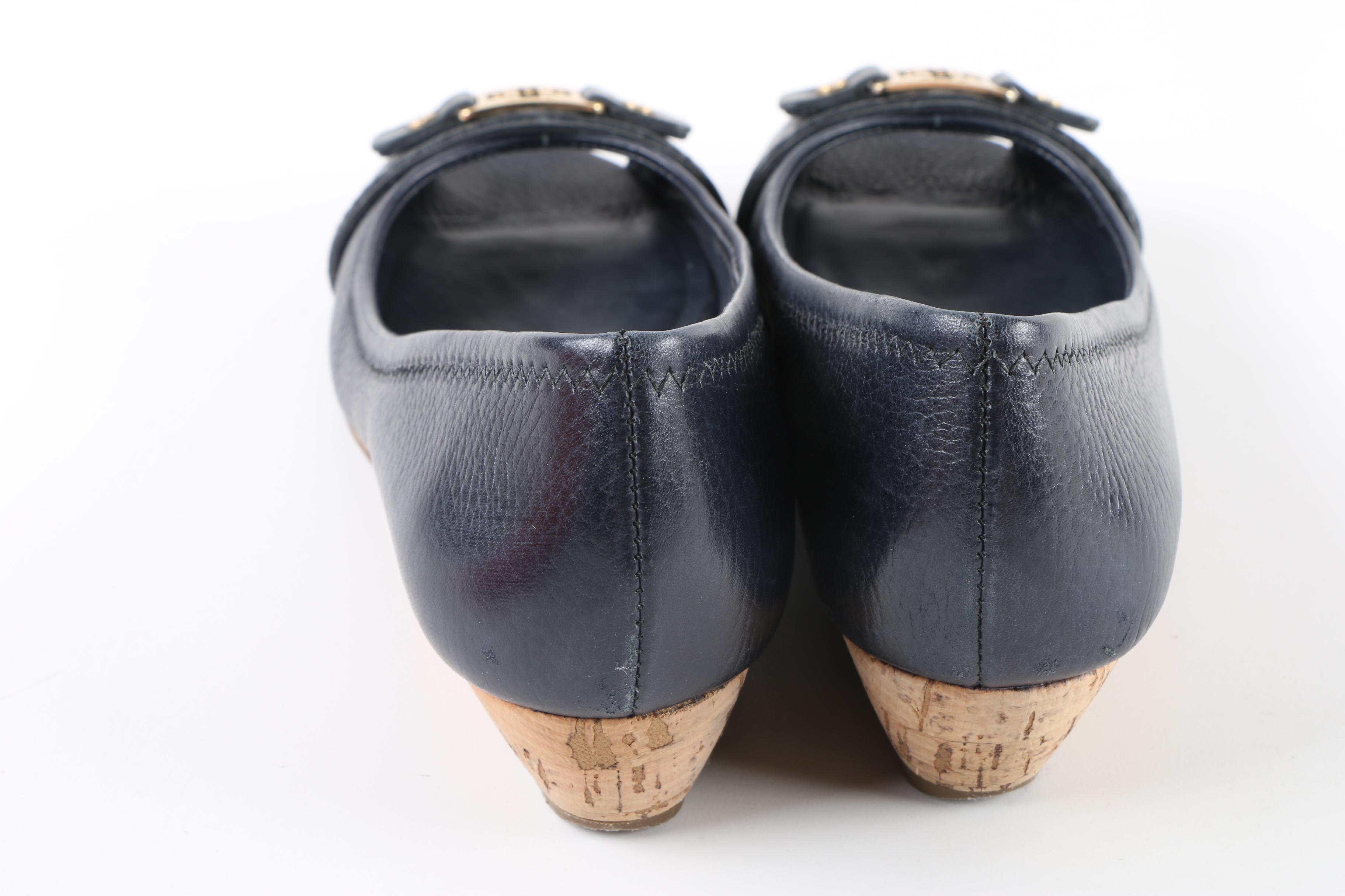 Tory Burch Emma Navy Leather Peep-Toe Wedges