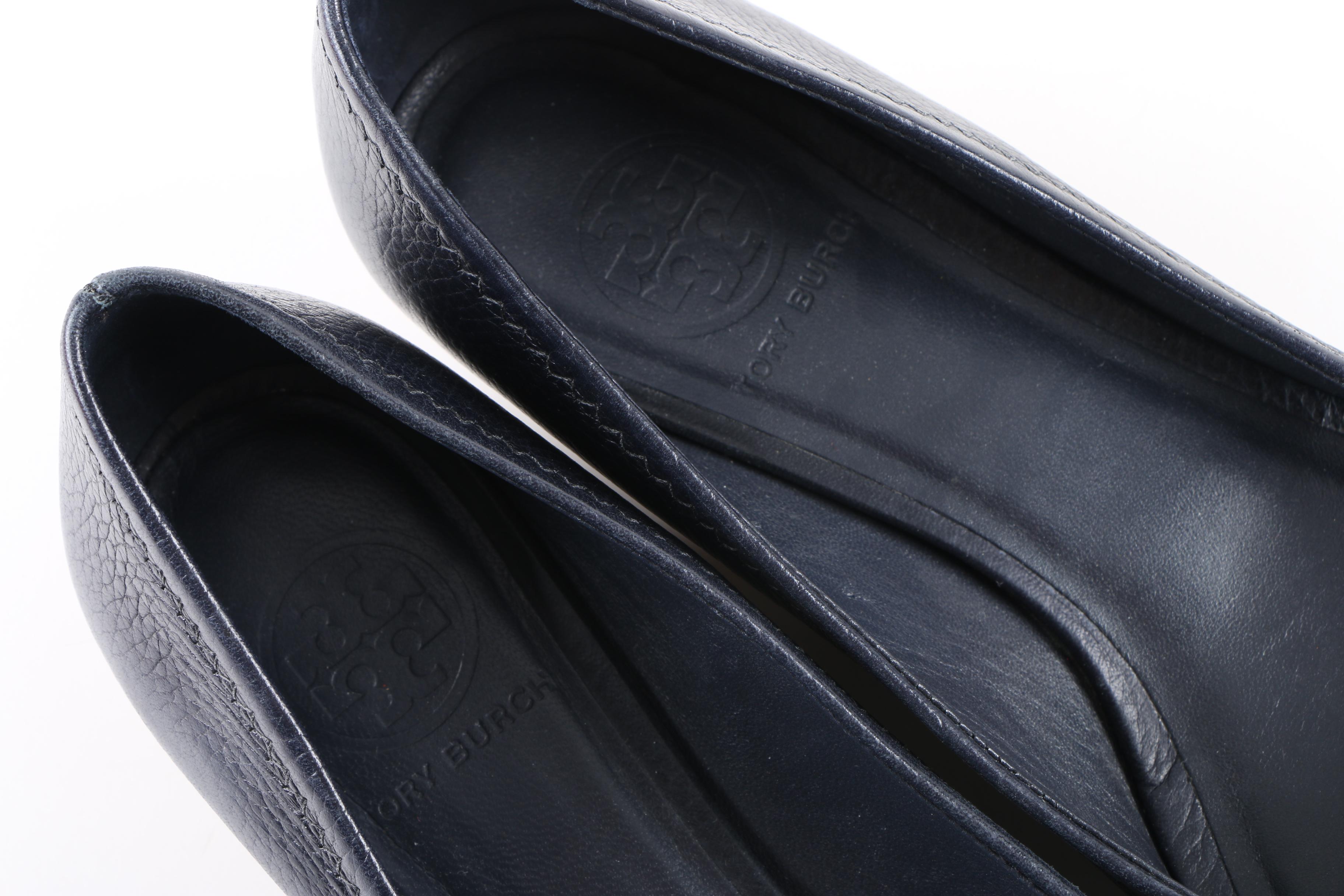 Tory Burch Emma Navy Leather Peep-Toe Wedges