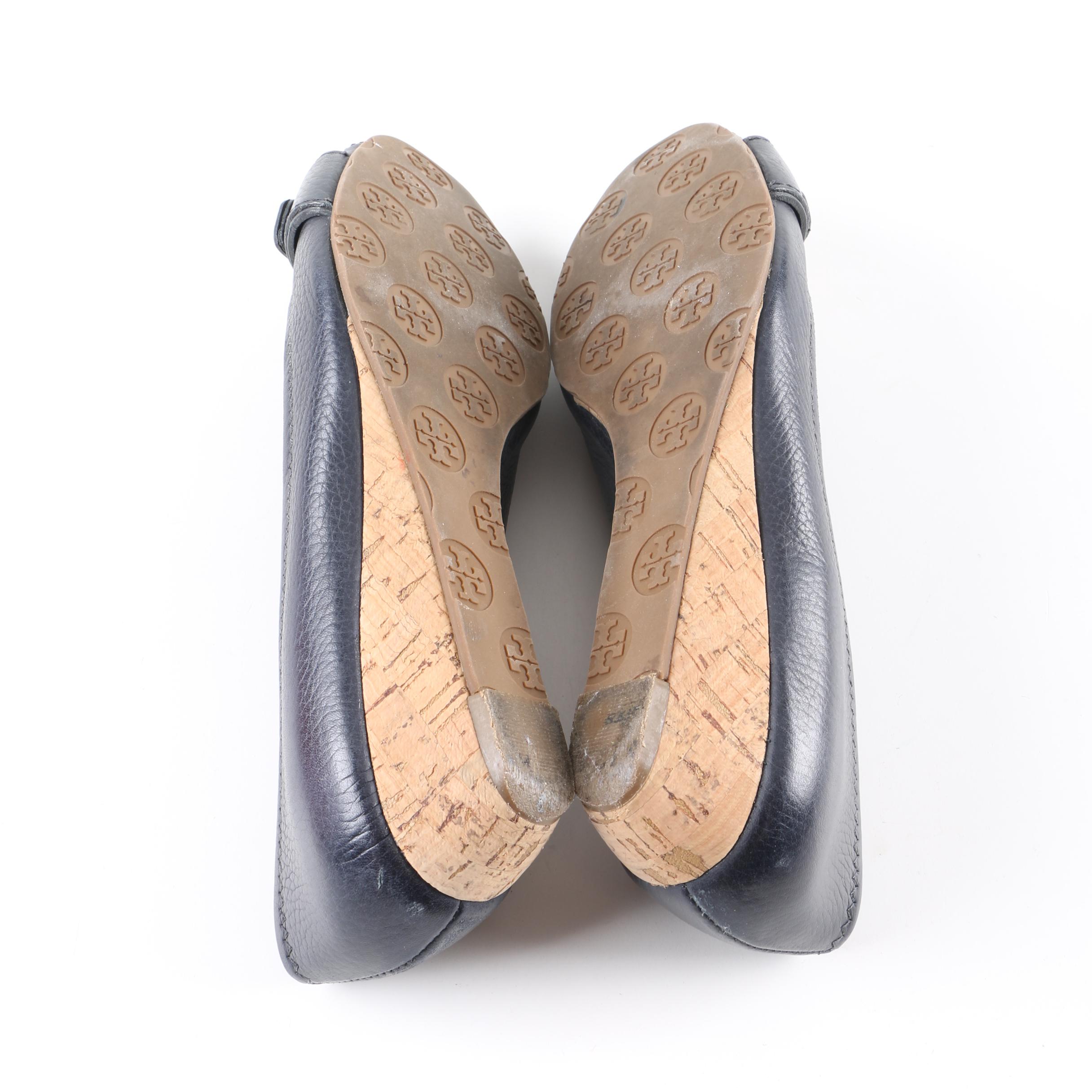 Tory Burch Emma Navy Leather Peep-Toe Wedges