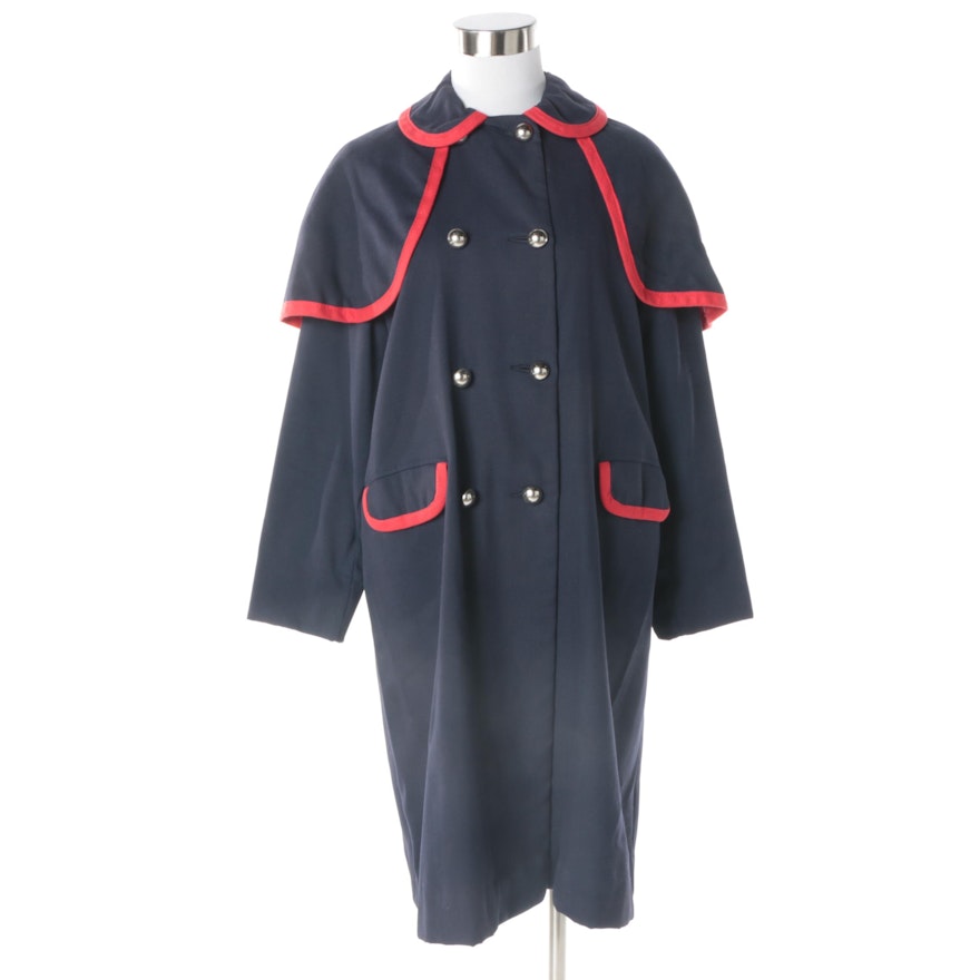 Women's Vintage Navy Wool Double-Breasted Cape Coat Trimmed in Red