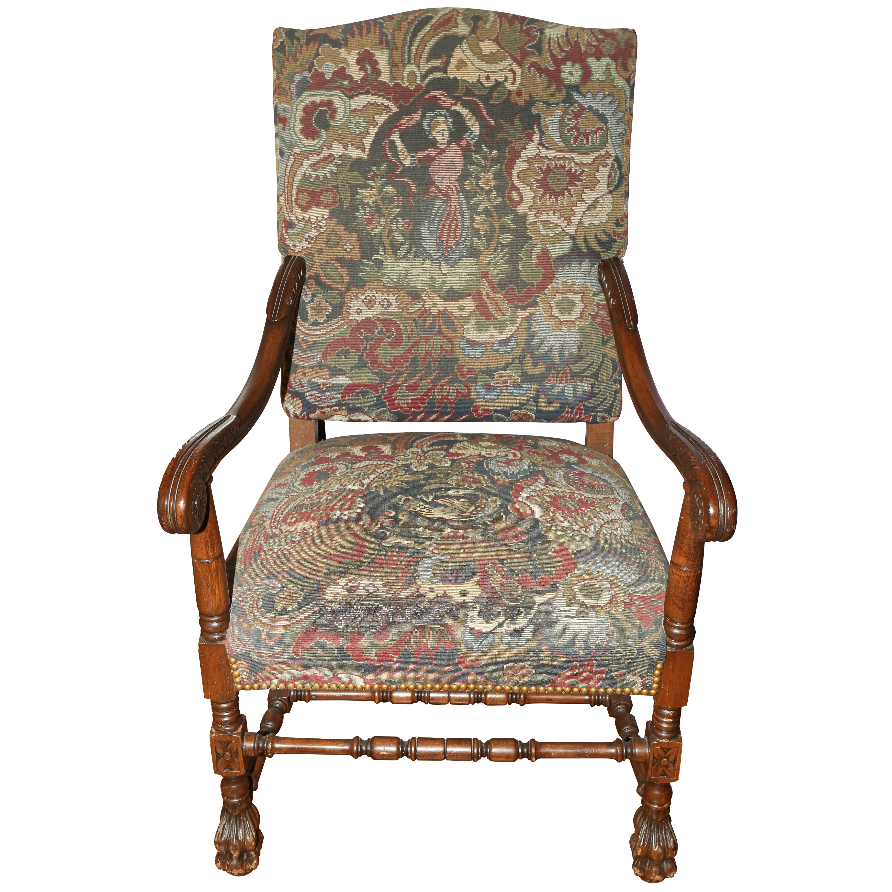 Vintage French Carved Wooden Upholstered Armchair