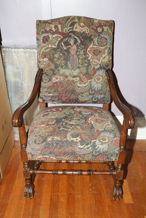 Vintage French Carved Wooden Upholstered Armchair