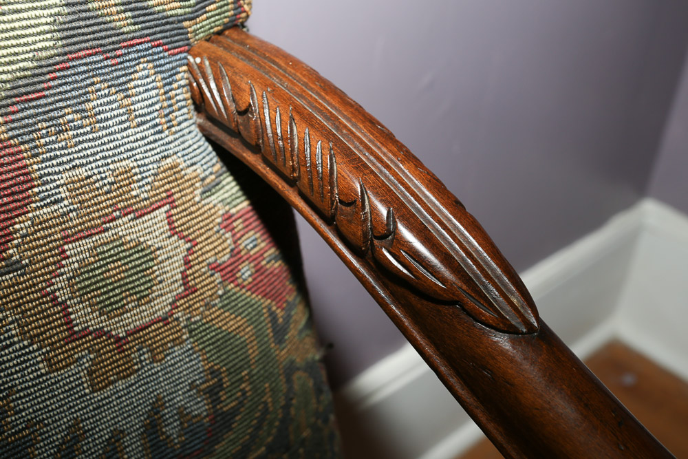 Vintage French Carved Wooden Upholstered Armchair