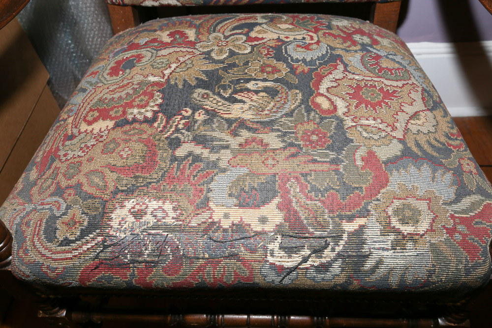 Vintage French Carved Wooden Upholstered Armchair