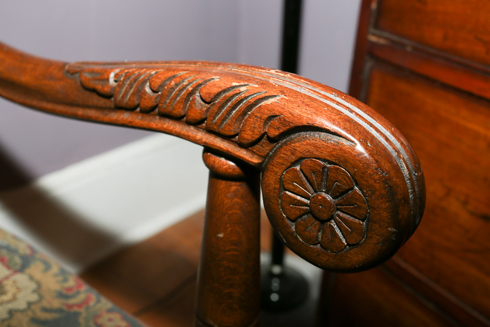 Vintage French Carved Wooden Upholstered Armchair