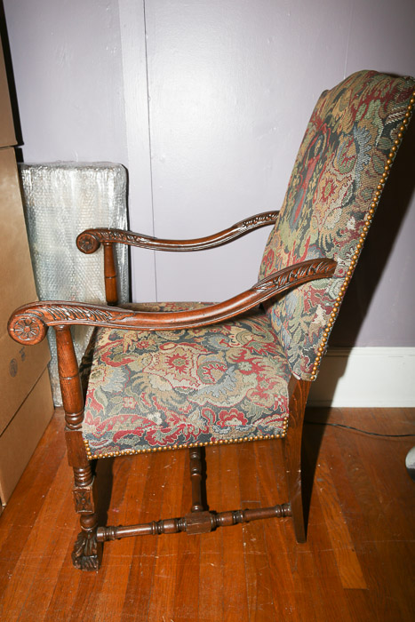 Vintage French Carved Wooden Upholstered Armchair