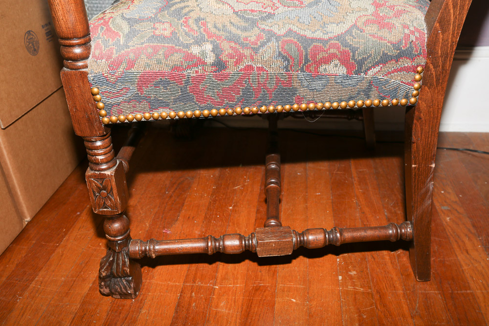 Vintage French Carved Wooden Upholstered Armchair