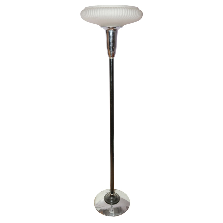 Vintage Metal Torchiere Floor Lamp With Glass Shade