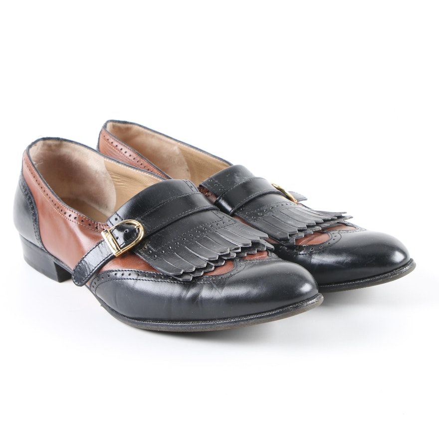 Women's Salvatore Ferragamo Black and Brown Leather Wingtip Loafers