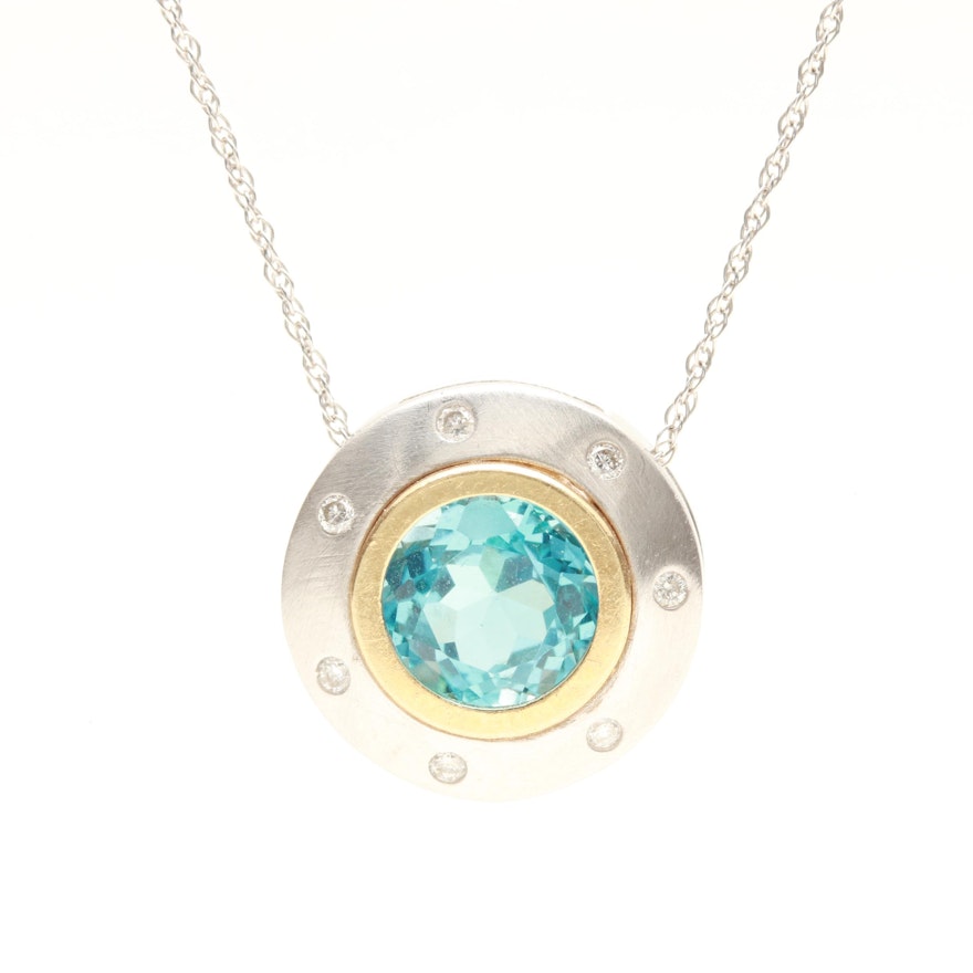 14K White Gold Blue Topaz and Diamond Pendant Necklace with Yellow Gold Accent