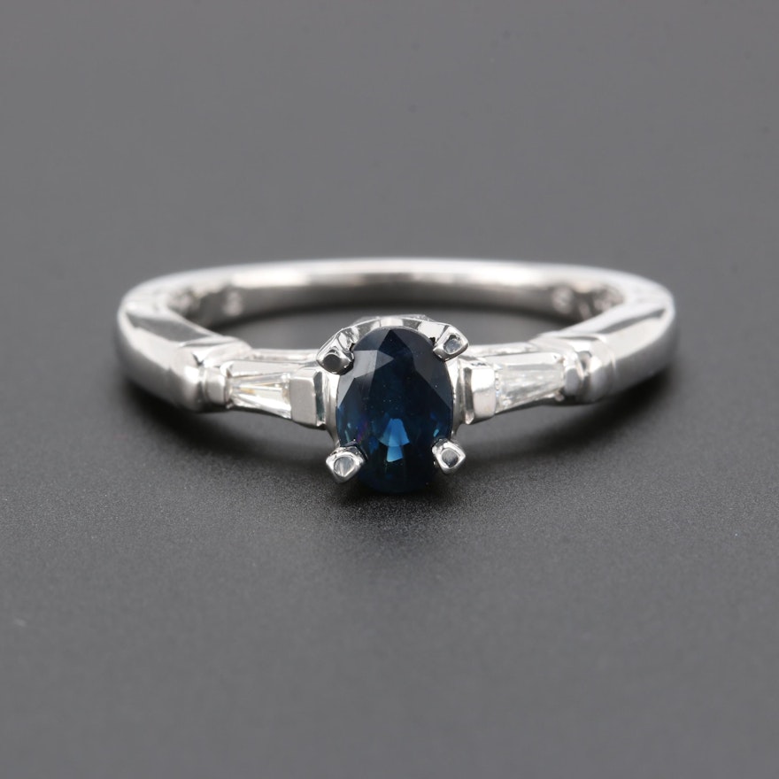 14K White Gold Blue Sapphire and Diamond Ring