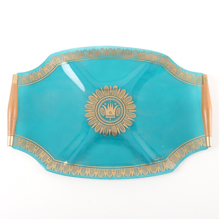 Mid Century Modern Georges Briard Teal Glass Serving Tray