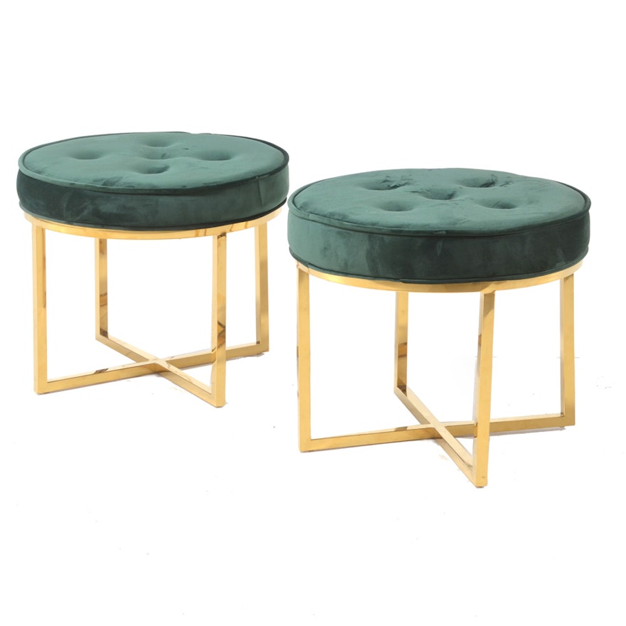 Pair of Emerald Green Velour and Brass Ottomans