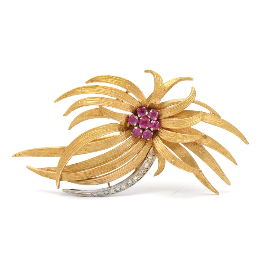 Circa 1950s 18K Yellow Gold Ruby and Diamond Feathered Brooch