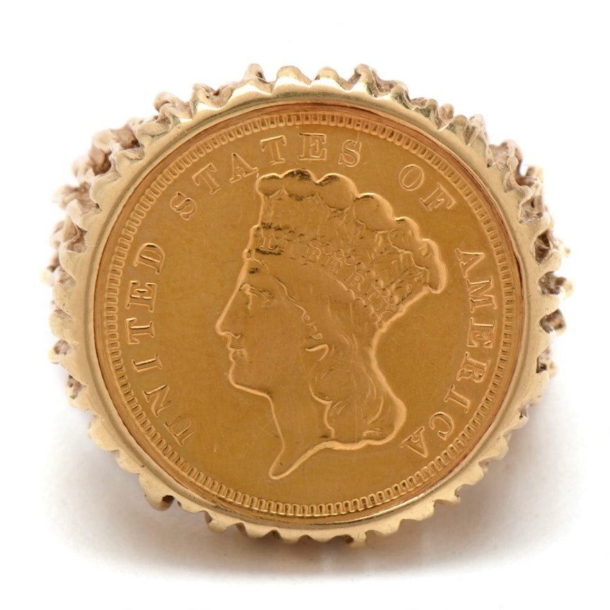 1882 Indian Princess Head $3 Gold Coin in 14K Yellow Gold Ring