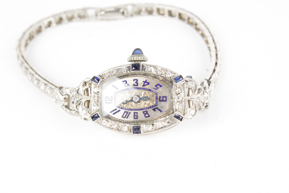Helbros Platinum Diamond and Sapphire Watch