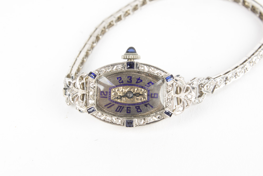 Helbros Platinum Diamond and Sapphire Watch