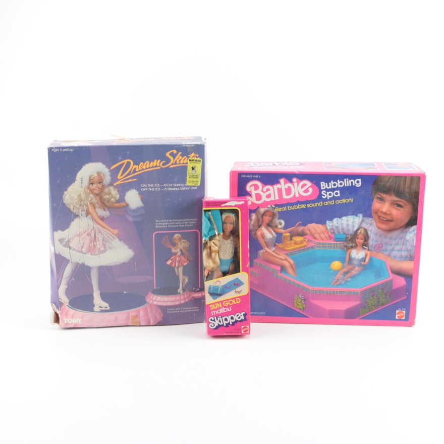 1980s Mattel Barbie "Bubbling Spa" Set and "Sun Gold Malibu" Skipper Doll