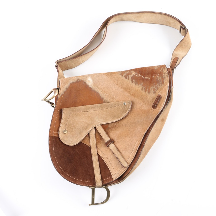 Christian Dior Suede and Calf Hair Saddle Handbag