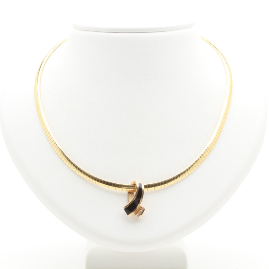 14K Yellow Gold Onyx and Diamond Slide on Omega Necklace
