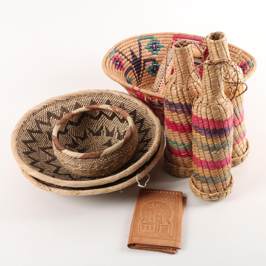 Woven Basket, Bottle Cozies, and Bowls with Leather Wallet