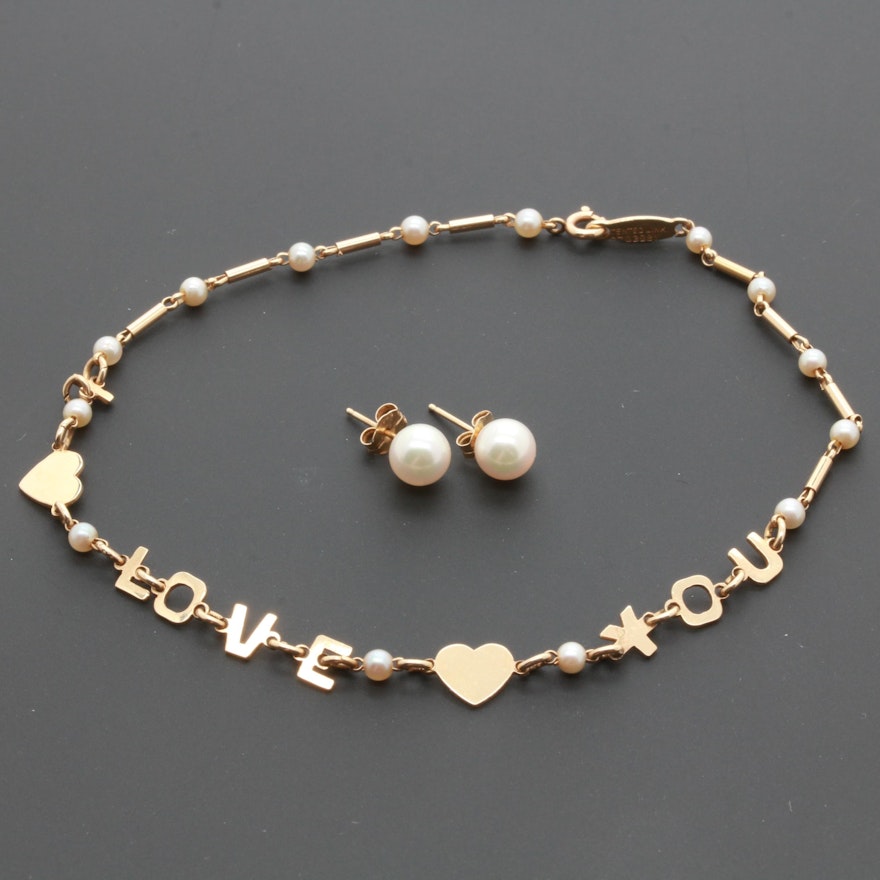 14K Yellow Gold Cultured Pearl Jewelry with Lucien Piccard "I Love You" Bracelet
