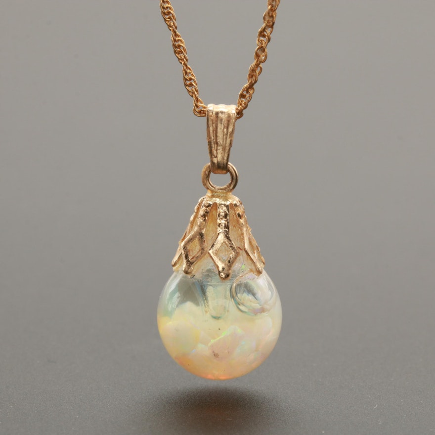 14K Yellow Gold Chip Opal in Glass Necklace