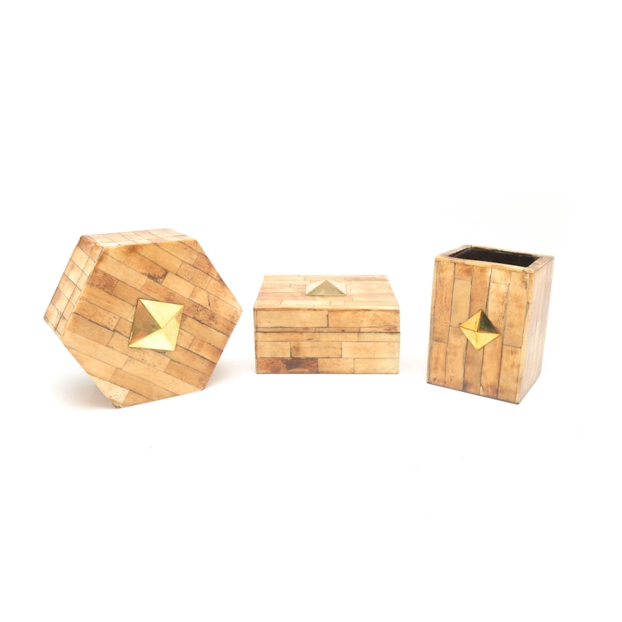 Set of Decorative Acacia Veneer Parquetry Boxes