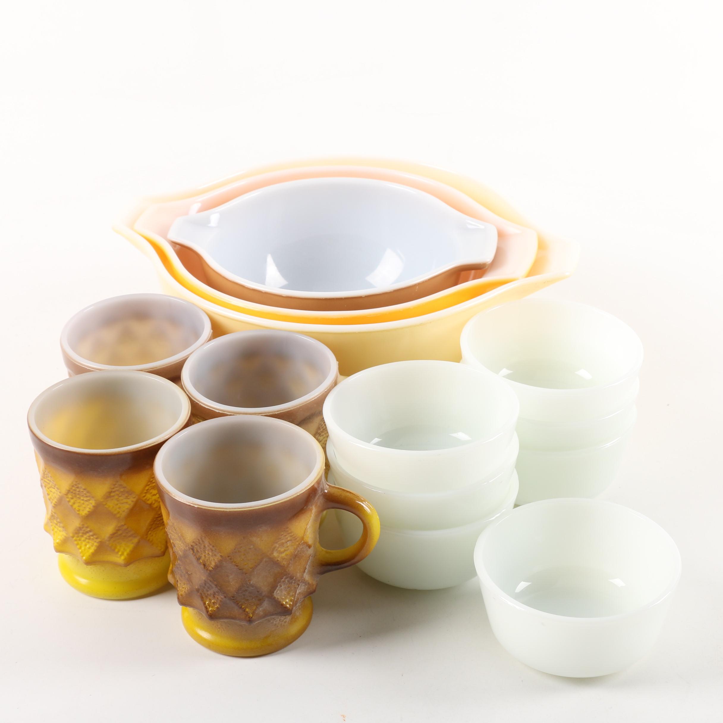 Vintage Anchor Hocking "Kimberly" Glass Mugs with Ramekins and Pyrex Bowls