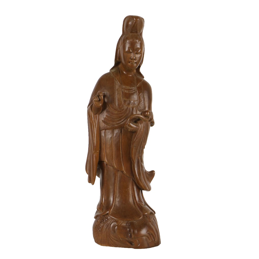 Wooden Sculpture of Guanyin Standing on Dragon