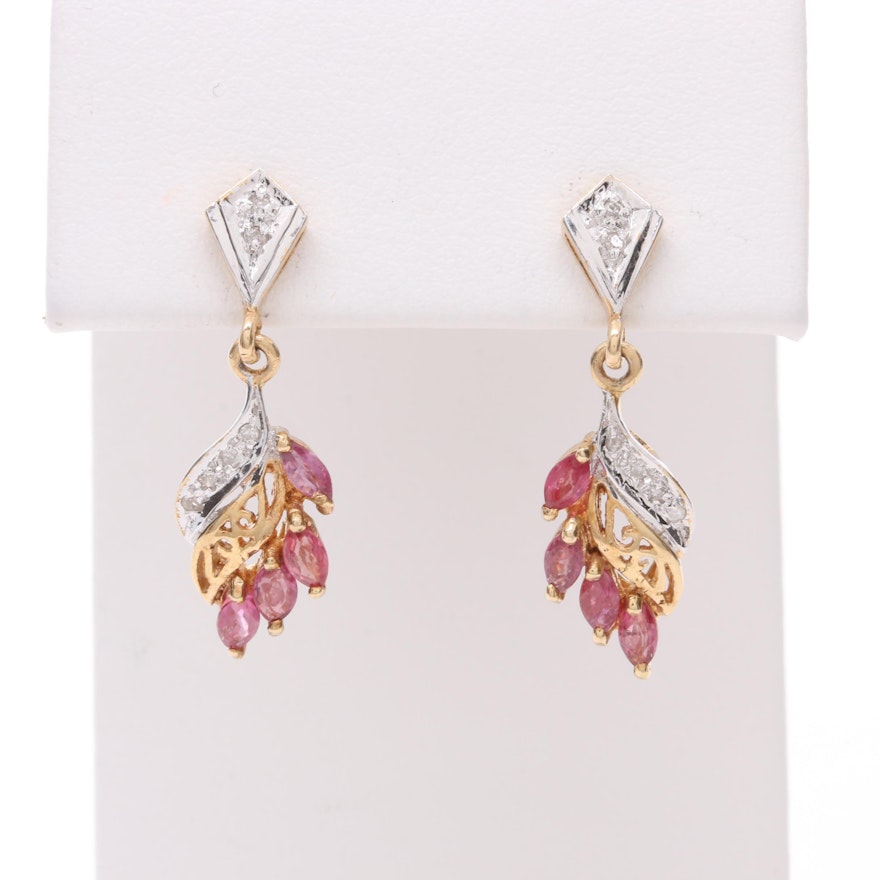 14K Yellow Gold Ruby and Diamond Earrings