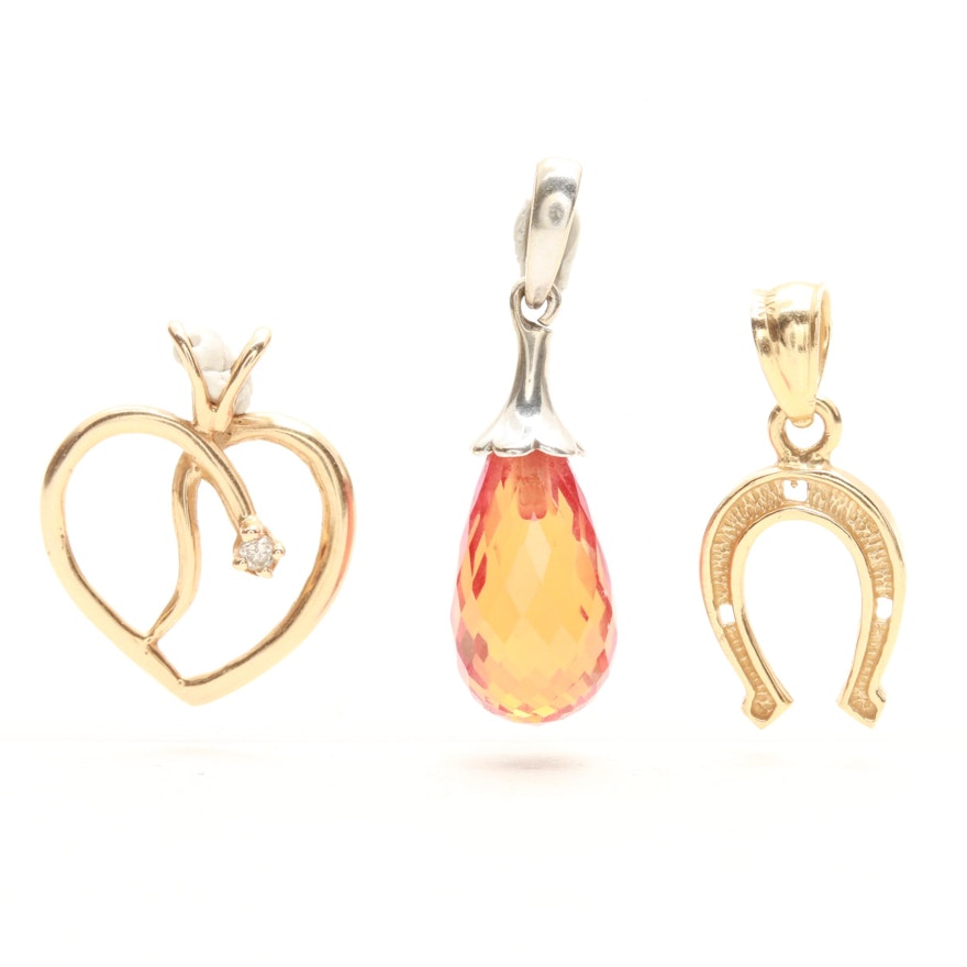 14K White and Yellow Gold Diamond and Synthetic Sapphire Pendants