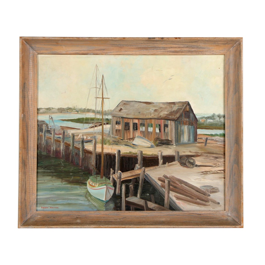 Barbara Hartman Oil Painting of Boat on a Dock
