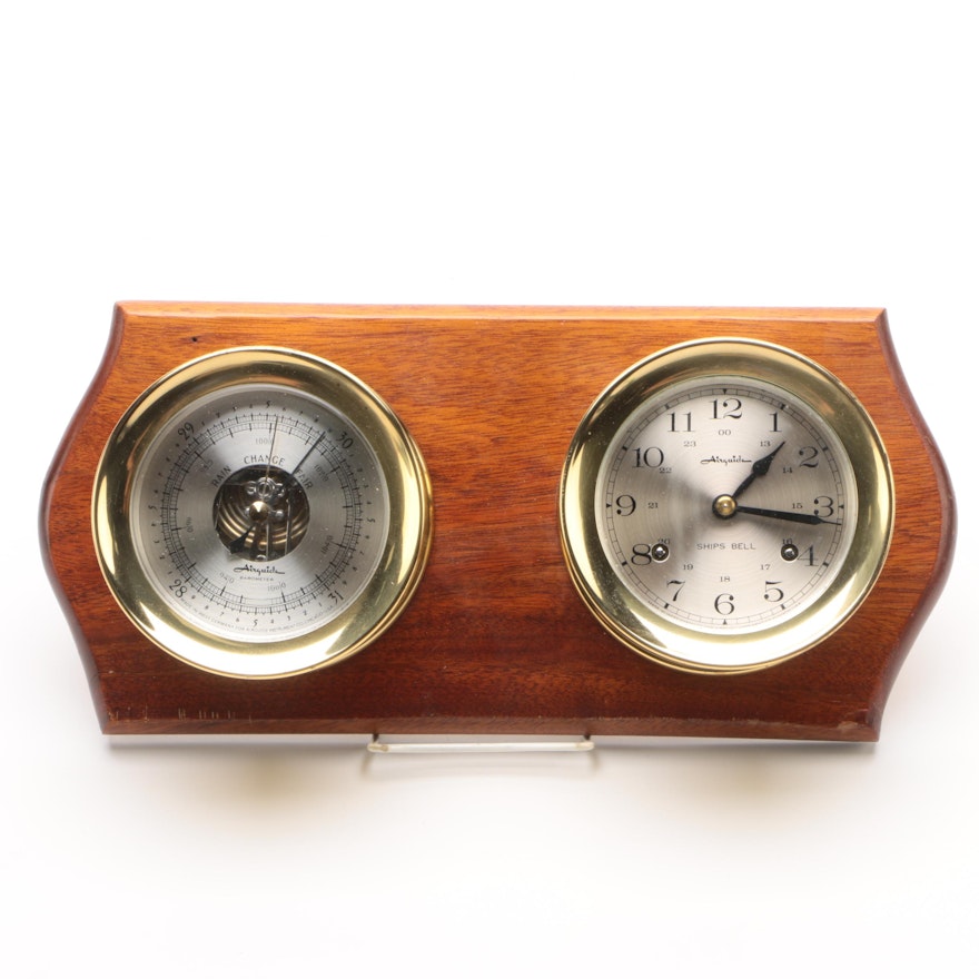 AirGuide Brass Ship Clock and Barometer Set on Wood Plaque