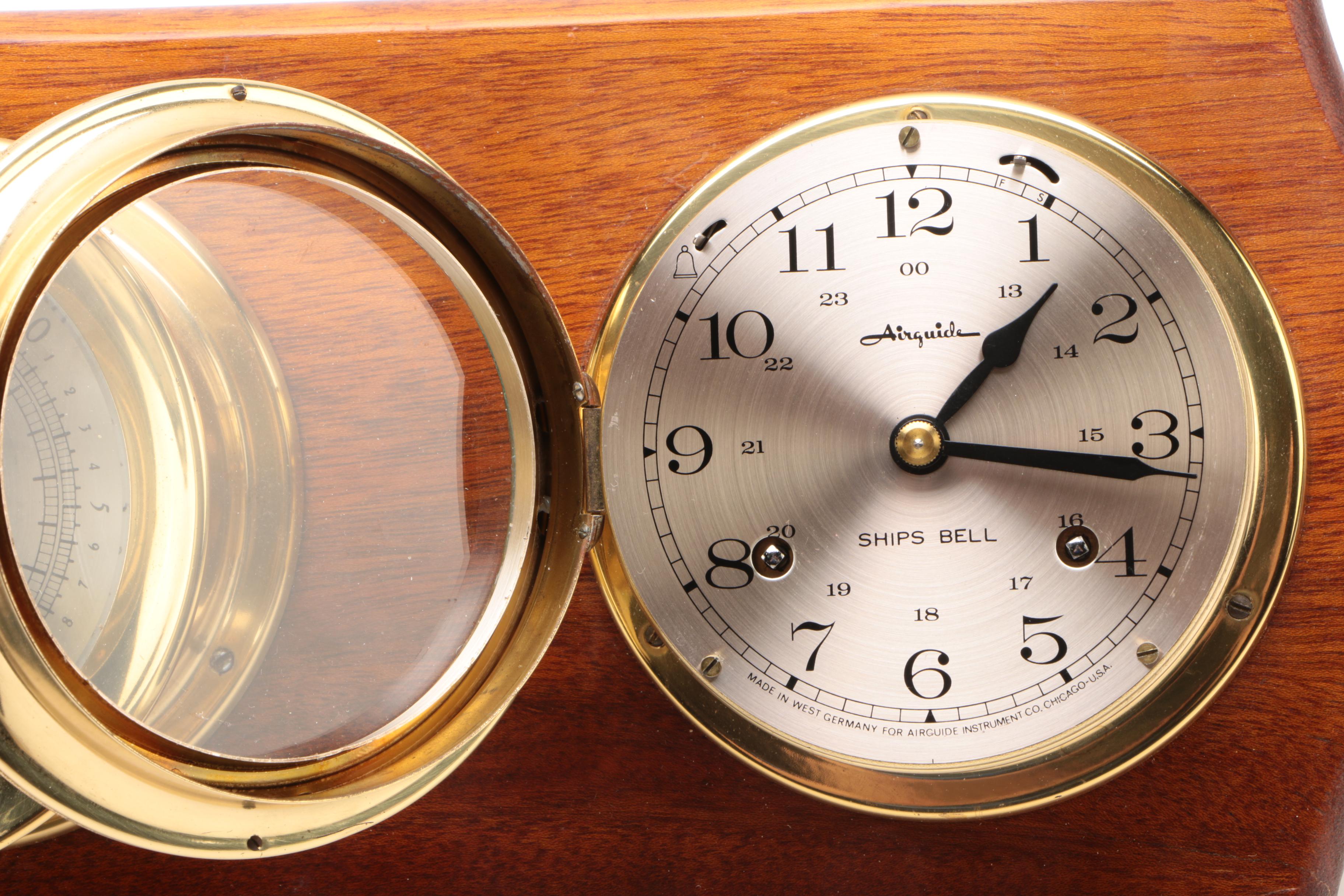 AirGuide Brass Ship Clock and Barometer Set on Wood Plaque