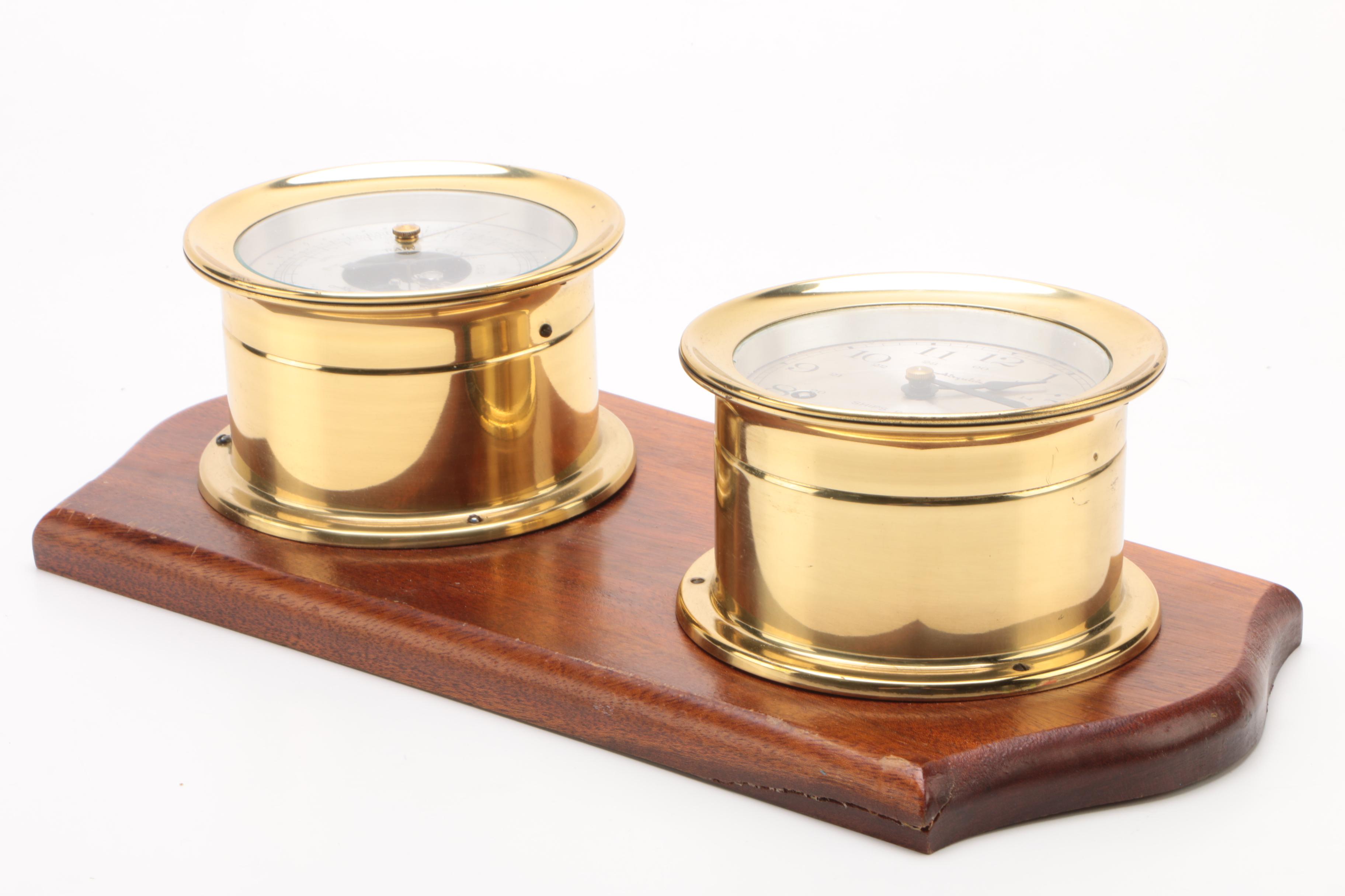 AirGuide Brass Ship Clock and Barometer Set on Wood Plaque