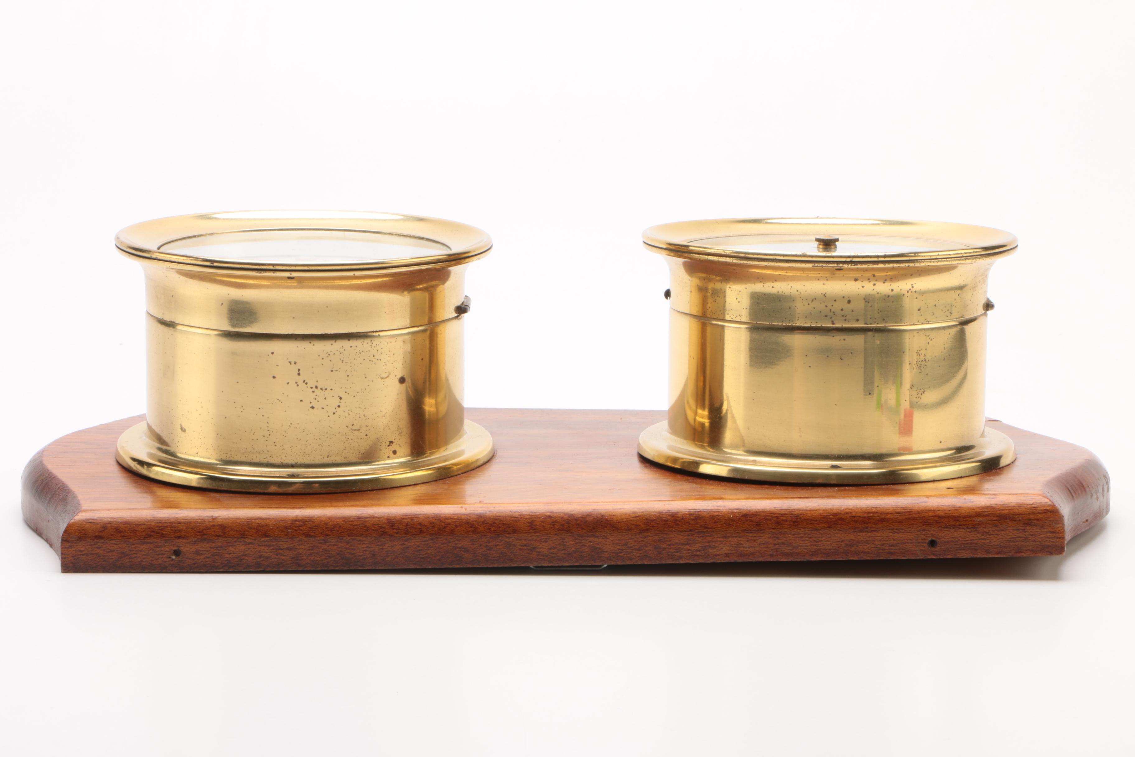 AirGuide Brass Ship Clock and Barometer Set on Wood Plaque
