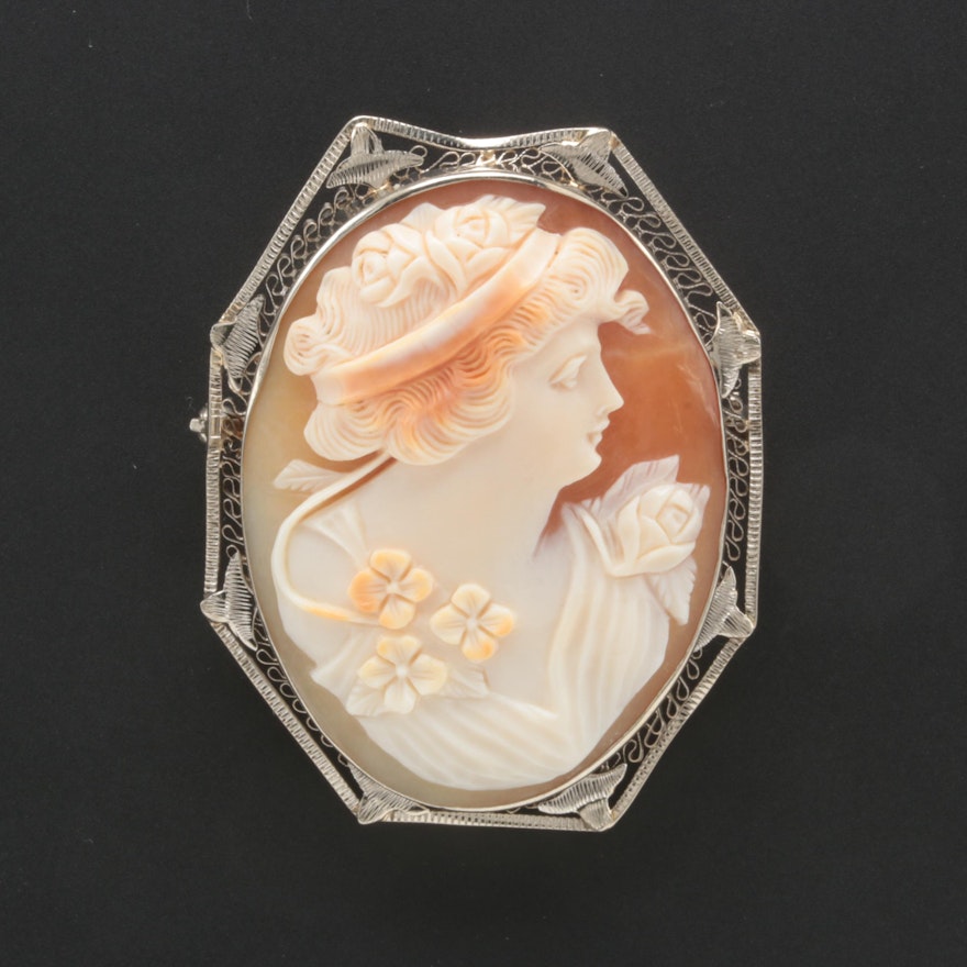 1930s 14K White Gold Cameo Converter Brooch