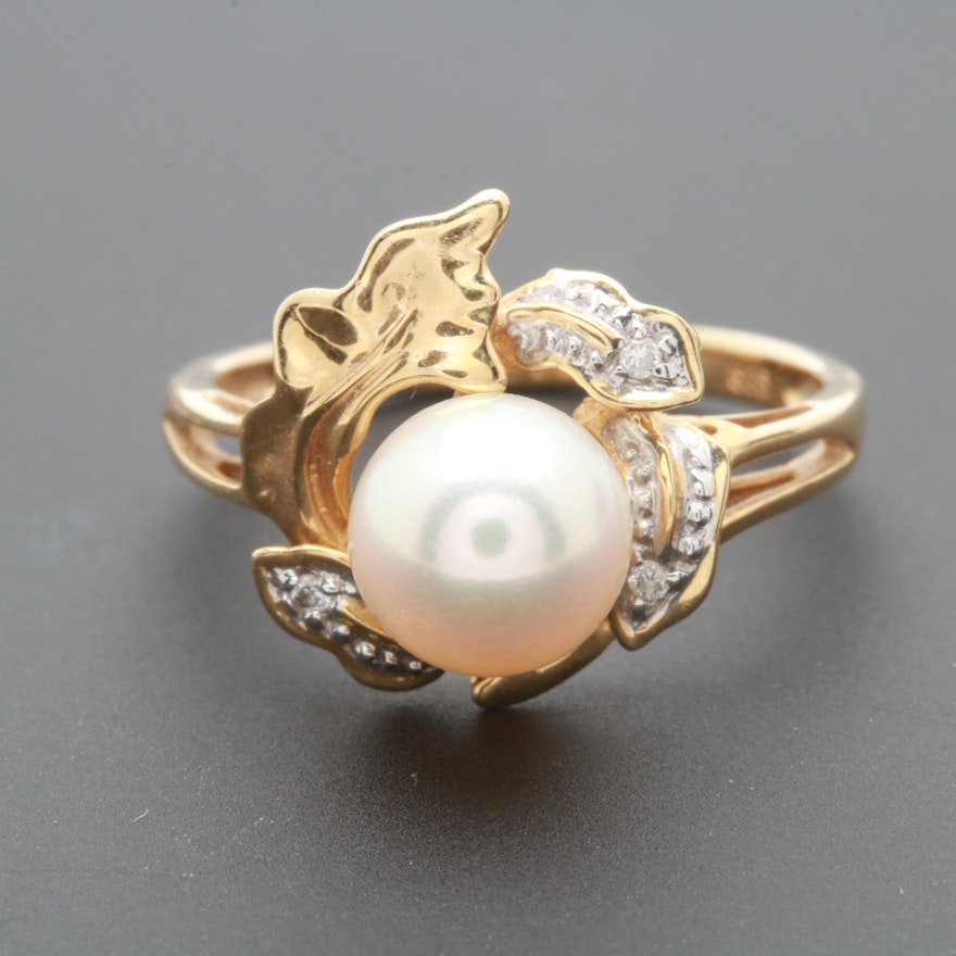 14K Yellow Gold Cultured Pearl and Diamond Ring with White Gold Accents