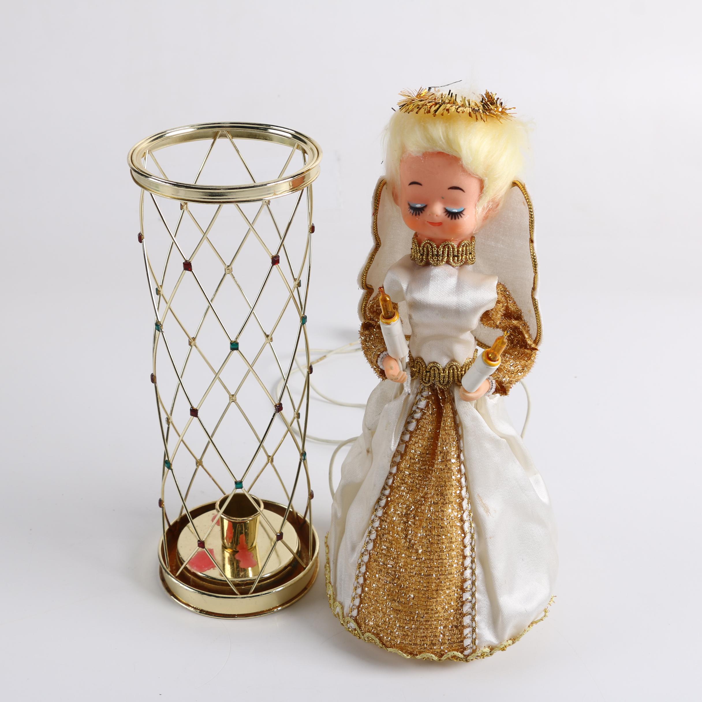 Gold Tone Candle Holder and Vintage Lighted Angel Tree Topper
