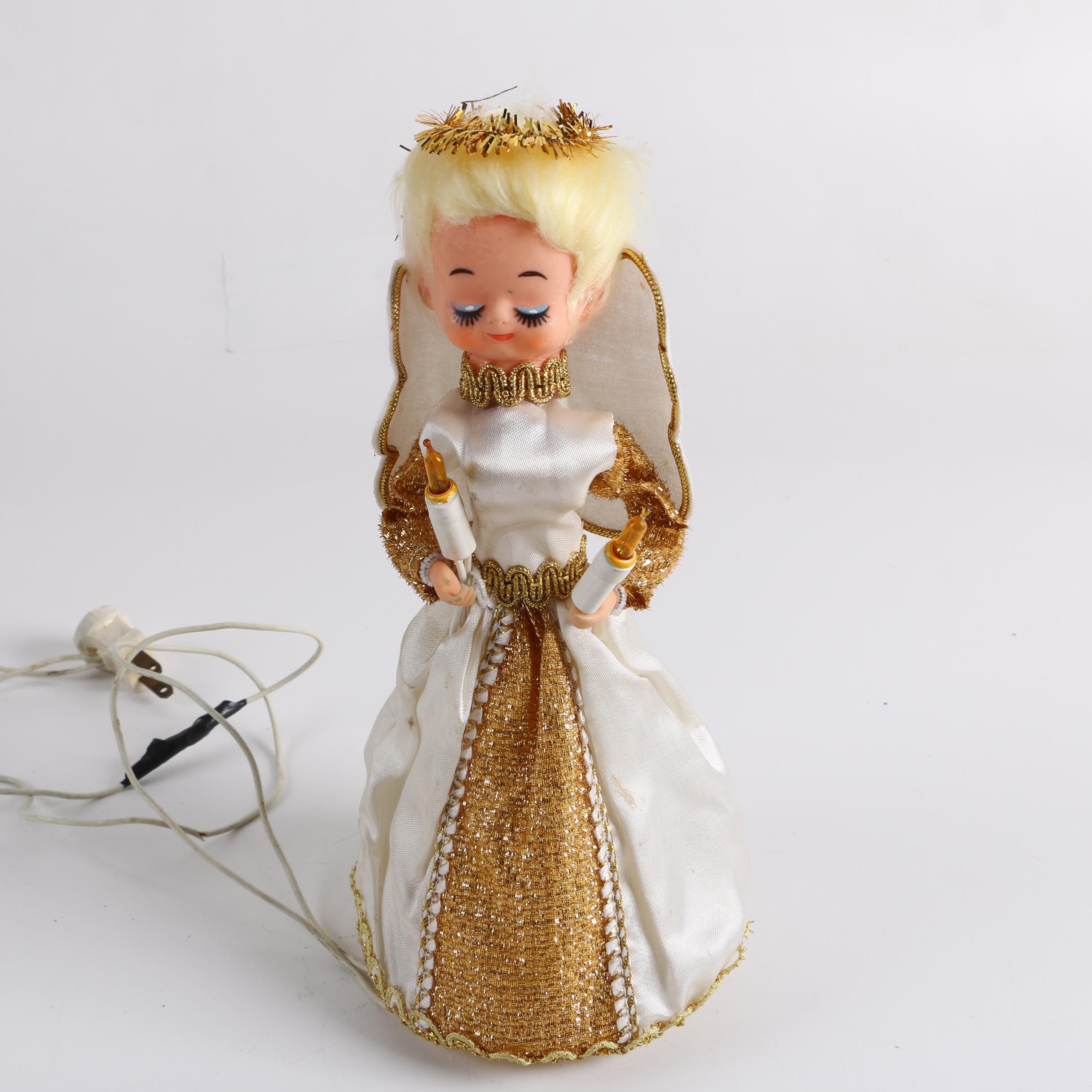 Gold Tone Candle Holder and Vintage Lighted Angel Tree Topper