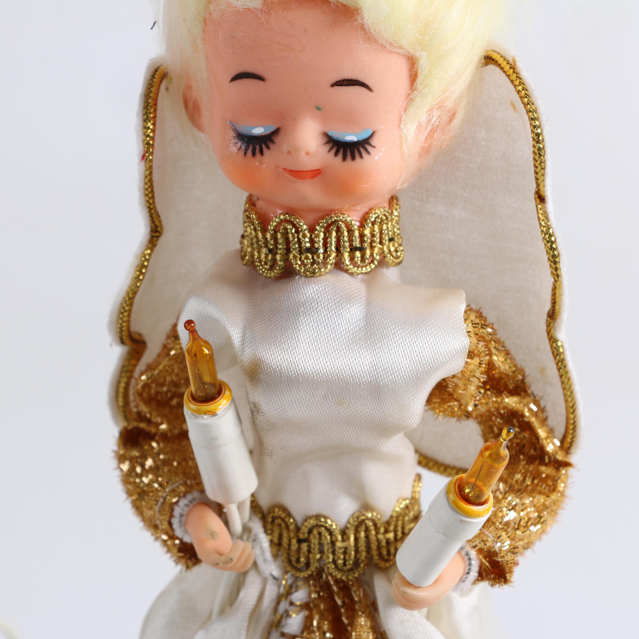 Gold Tone Candle Holder and Vintage Lighted Angel Tree Topper