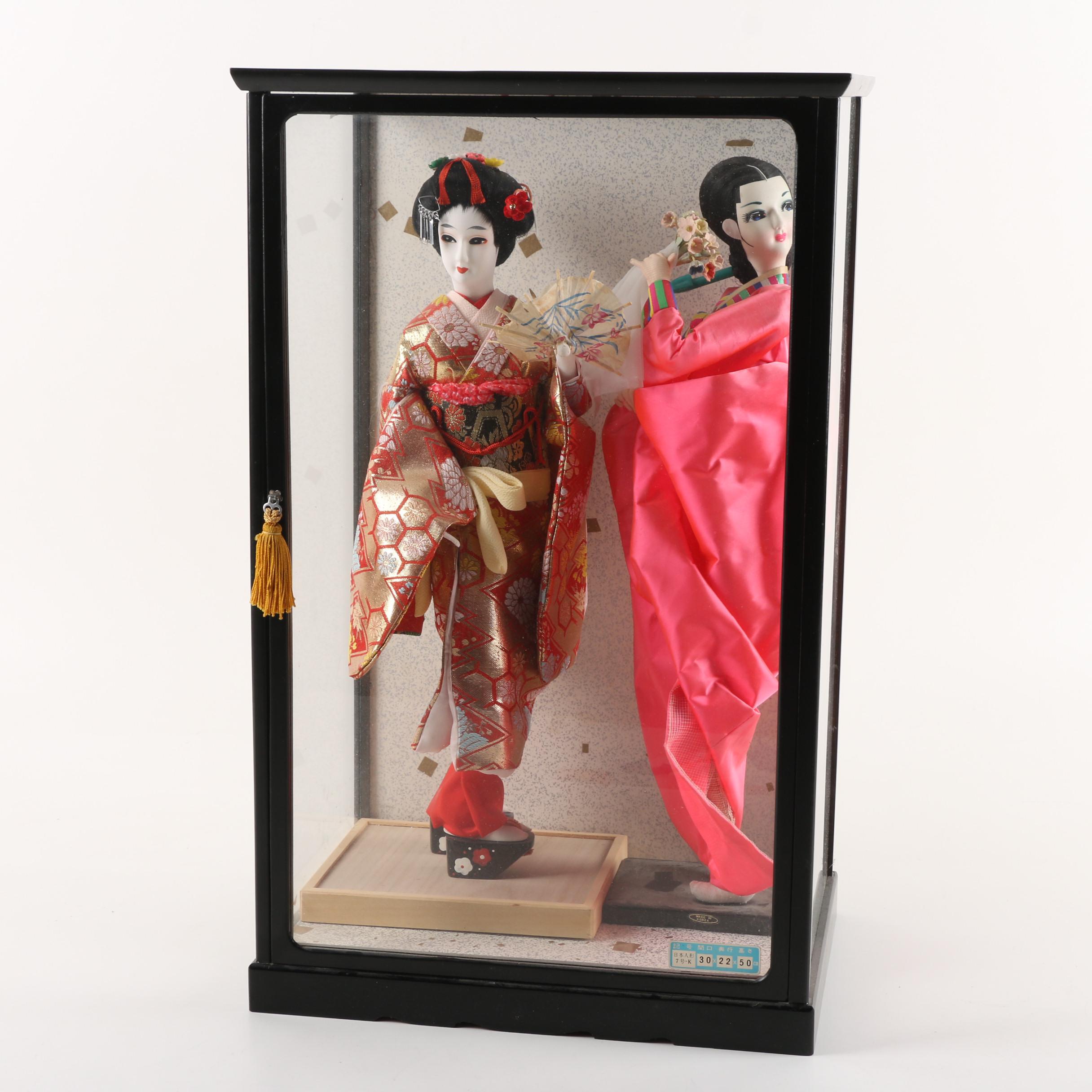 Vintage Japanese Porcelain Dolls in Display Case