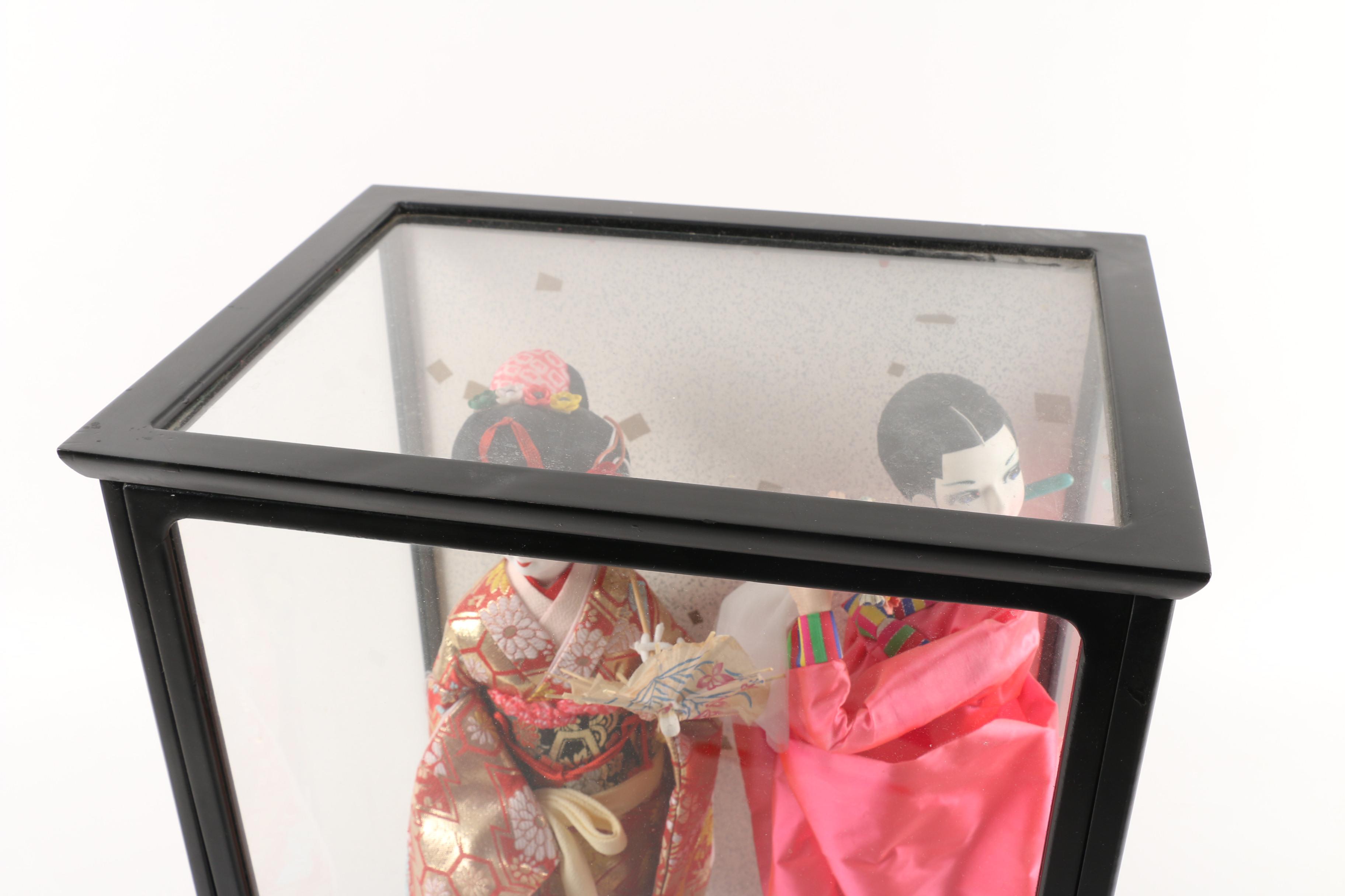Vintage Japanese Porcelain Dolls in Display Case