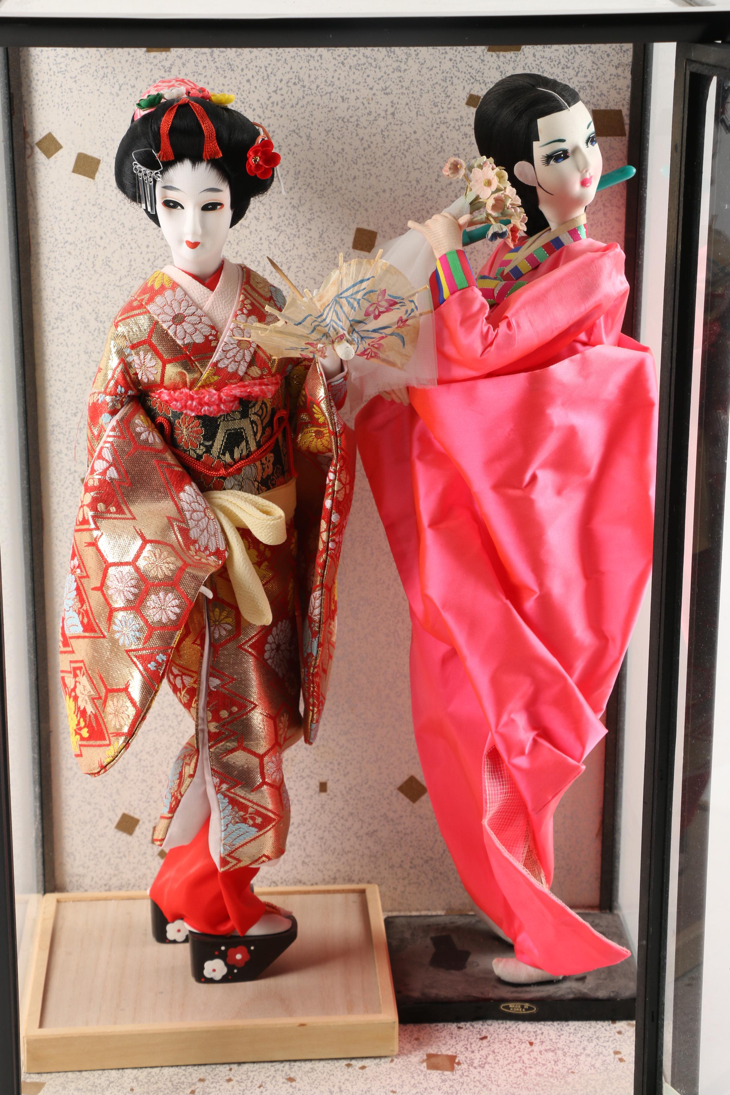 Vintage Japanese Porcelain Dolls in Display Case