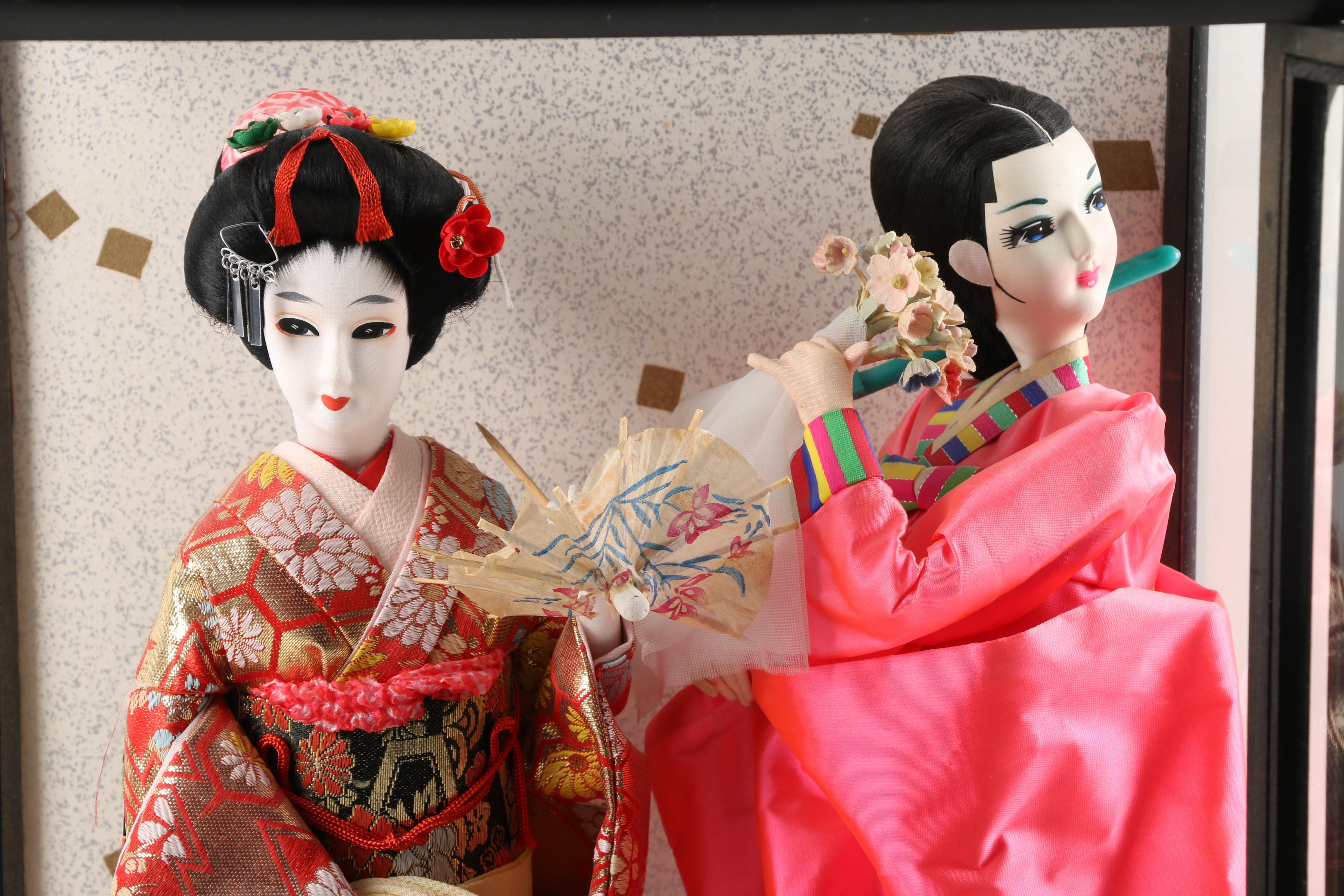 Vintage Japanese Porcelain Dolls in Display Case