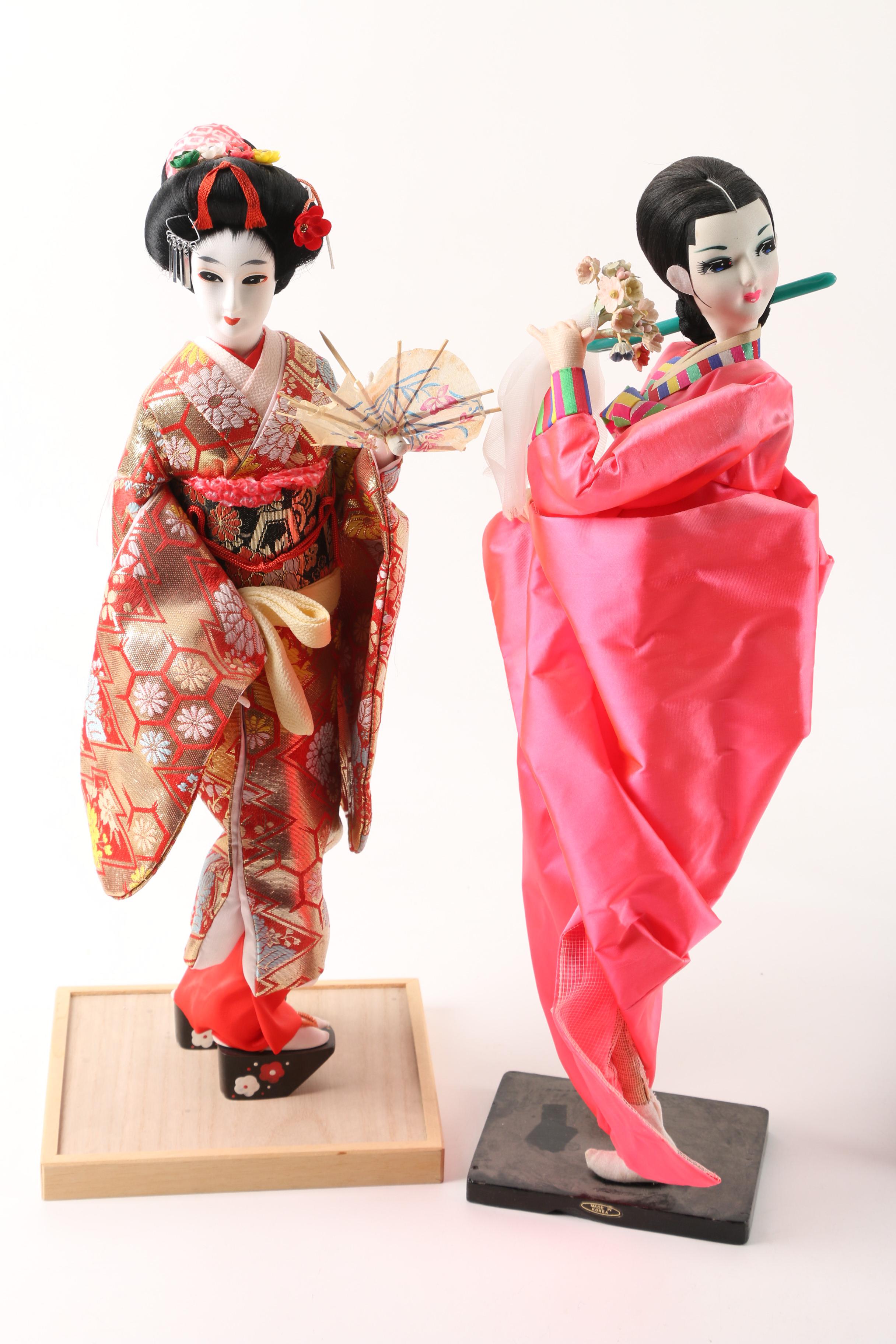 Vintage Japanese Porcelain Dolls in Display Case