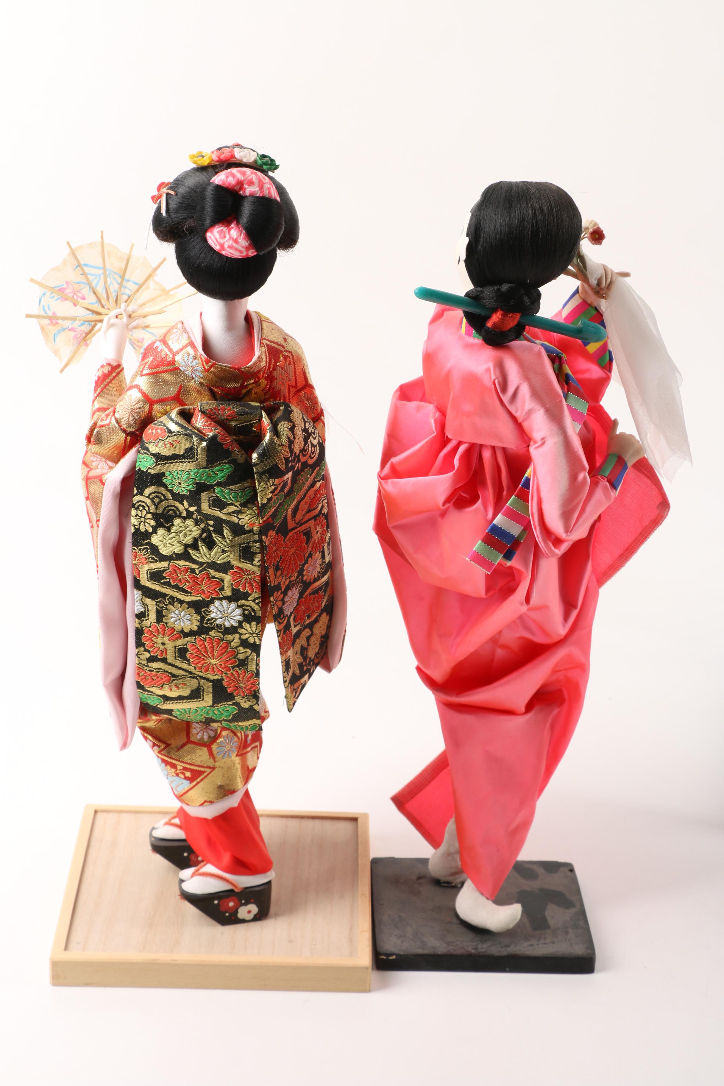 Vintage Japanese Porcelain Dolls in Display Case