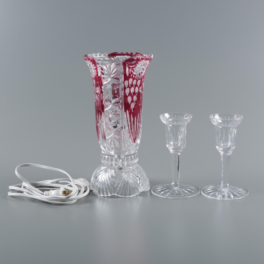 Ruby Flashed Crystal Vase Lamp and Waterford "Lismore" Crystal Candle Holders